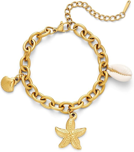 Gold Charm Bracelet for Women Boho Adjustable Shell Starfish Bracelet Summer Beach Ocean Statement Bracelets