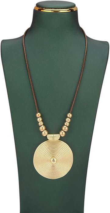 Boho Leather Necklace Women Bohemian Brown Circle Pendant Necklace Choker Long Necklaces for Women Boho Ring Large Pendant