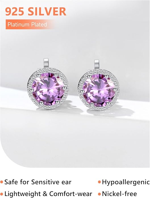 Silvora 925 Silver 8MM Cubic Zirconia Birthstone Clip On Stud Earrings Round Non Pierced Earrings For Women,Come with Box