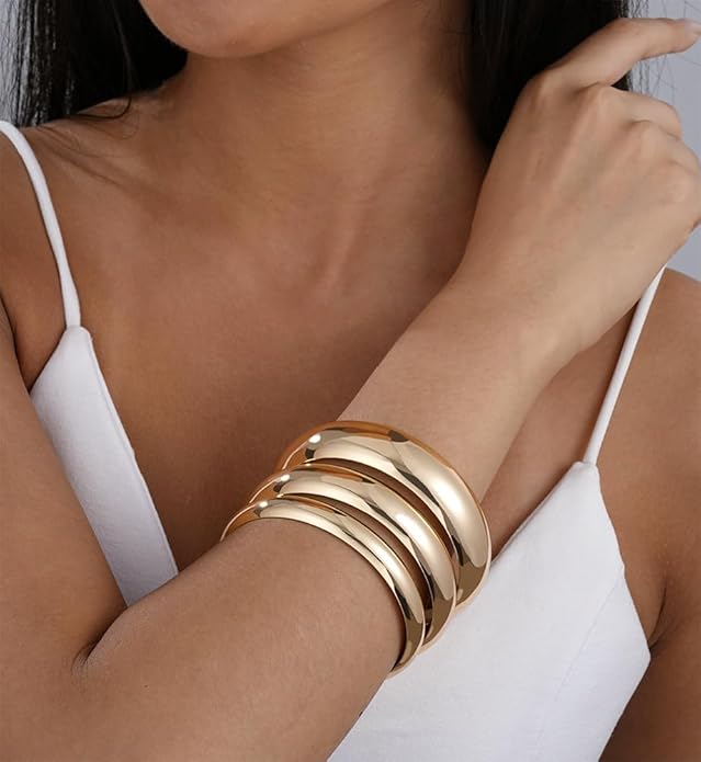 Chunky Gold Bangle Bracelets for Women, Dainty 14k Gold Plated Big Stackable Bangles Set, Trendy Cuff Bracelet Stack Fashion Jewelry Gifts