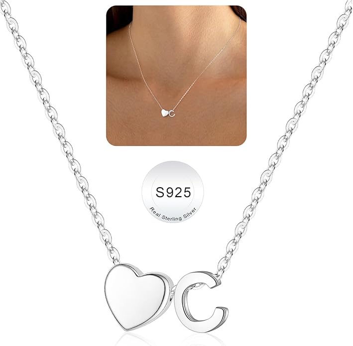 Turandoss Valentines Gifts for Her Kids Girls, Dainty S925 Sterling Silver Tiny Heart Letter A-Z Pendent Necklace Trendy Birthday Valentines Jewelry Gifts for Girls Women