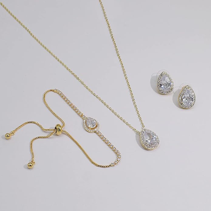 UDYLGOON Imitation Cubic Zironia Diamond Teardrop Earrings Necklace Bracelet Jewelry Set For Bride Bridesmaids Bridal Wedding Party Prom Jewelry Gift