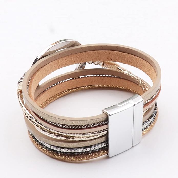 KSQS Tree of Life Leather Multi-Layer Wraps Bracelet,Boho Wide Buckle Wristband Bangle,Braided Cuff Bracelets for Women