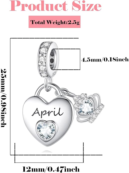 Birthstone Charms for Charms Bracelet: 925 Sterling Silver Heart Dangle Charms for Bracelets and Necklaces, Birthday Mother's Day Christmas Gifts For Women.