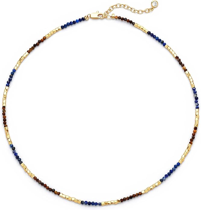 MTMY Beaded Gemstone Choker Necklace for Women, 14K Gold Plated Boho Colorful Natural Stone Bead Chain Necklace Summer Beach Handmade Jewelry