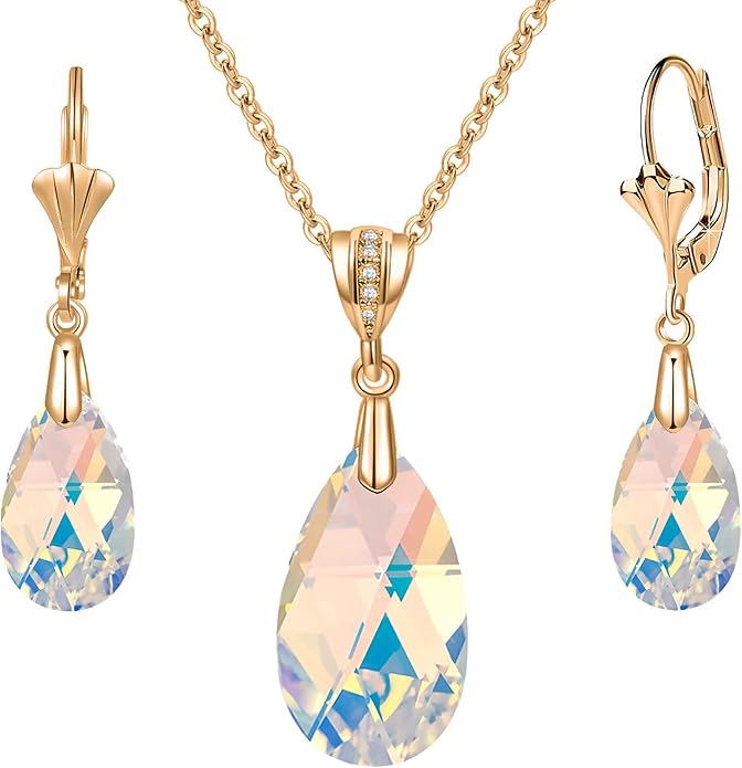 EVEVIC Austrian Crystals Teardrop Pendant Necklace Earrings for Women 14K Gold Plated Hypoallergenic Leverback Drop Dangle Earrings Jewelry Set