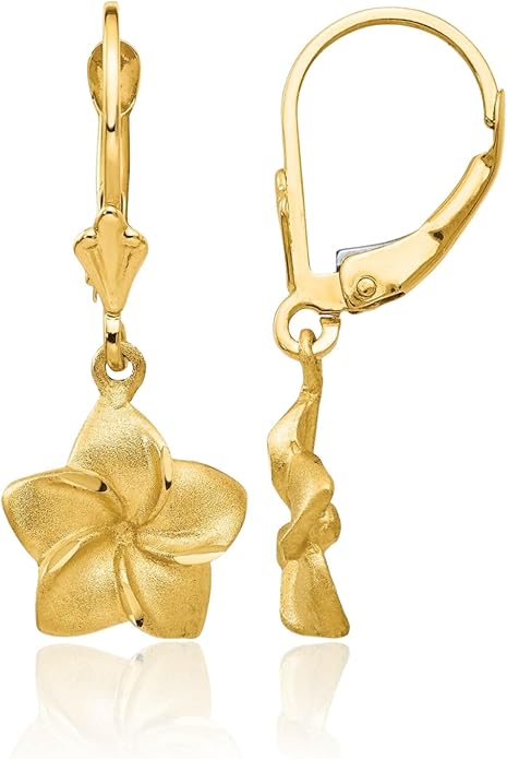 14K Yellow Gold Plumeria Drop Dangle Earrings for Women Flower Motif Lever Back Solid Small Fine Jewelry Gift Floral Nature