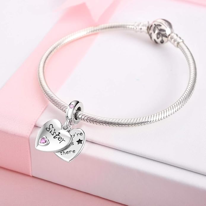 JIAYIQI Mother Sister Daughter Wife Charms Fit Charms Bracelet Necklace with Double Heart Love Charms 925 Sterling Silver Beads for Women Jewelry