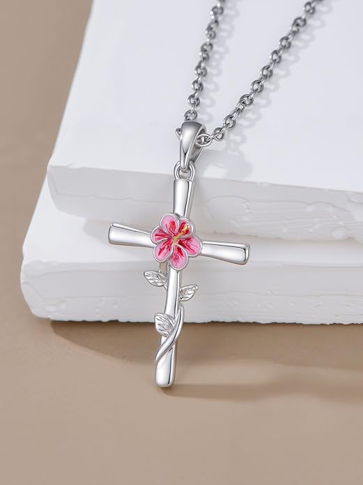 Flower Necklace Sunflower/Violet/Daffodil Necklace Sterling Silver Flower Cross Pendant Jewelry Gifts for Women