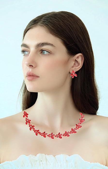 Bridal Wedding Crystal Leaf Choker Necklace Dangle Earring Bracelet Brides Bridesmaid Jewelry Set for Women