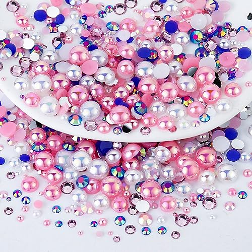 60g Mix Rhinestones and Pearls, 2mm-10mm Flatback Jelly Rhinestones and Half Pearls for Crafts Tumblers Shoes Nails Face Art, with Picker Pen, Blue|White|Pink - color: Ice Princess Blend | Mix Blue | White | Pink