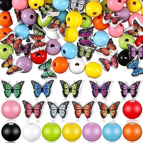 Tradder 200 Pcs Butterfly Wooden Beads for Crafts 16mm 20mm Colorful Assorted Loose Spacer Round Butterfly Wood Beads for DIY Crafts Necklace Bracelet Jewelry Making Garland Home Decor - style: Butterfly