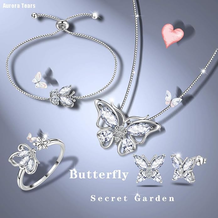 Aurora Tears Butterfly Jewelry,Women 925 Sterling Silver Butterflies Birthstone Pendant Necklace/Earrings/Rings Wedding Gift