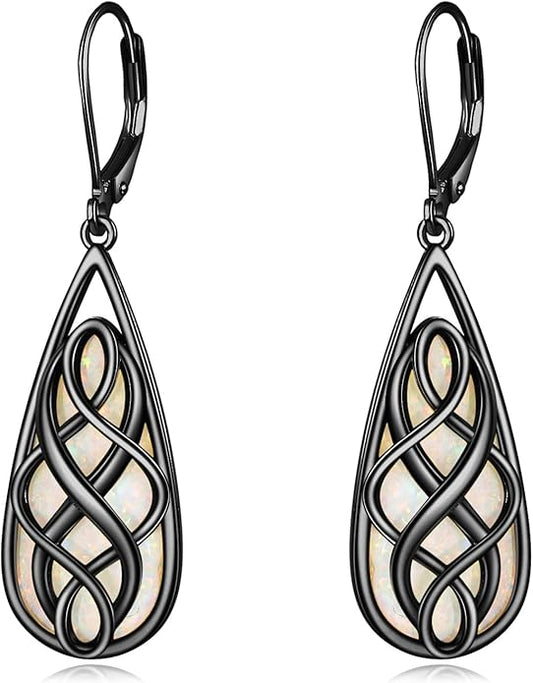 VONALA White Opal Celtic Knot Dangle Drop Earrings for Women 925 Sterling Silver Boho Chic Jewelry Gift for Women