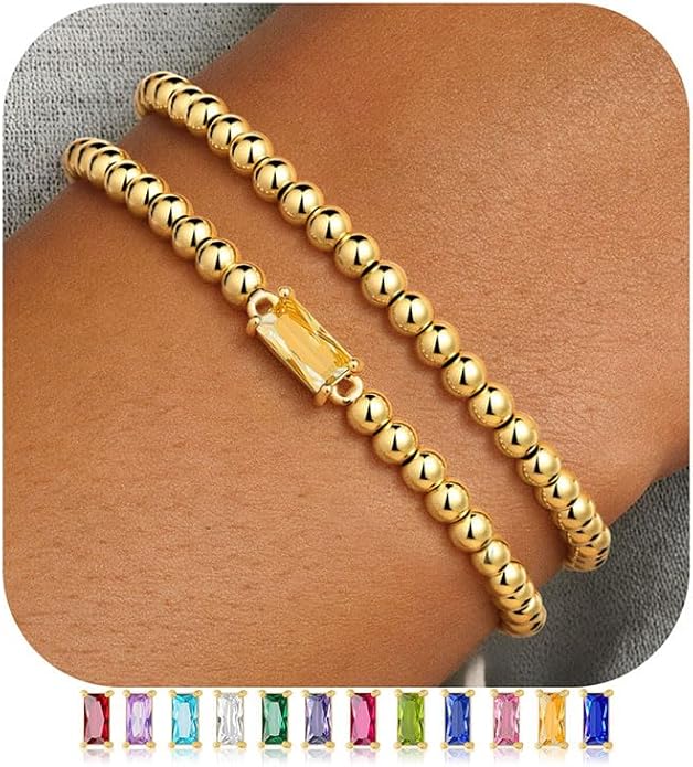Ursteel Valentines Gifts for Her Kids Girls, Elastic Birthstone Bracelet for Women 14K-Gold-Plated Beaded Bracelet Non Tarnish Trendy Birthstone Jewelry Birthday Gifts for Women