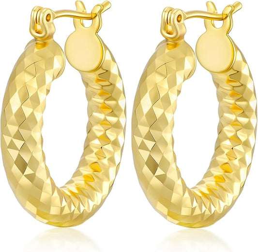 Gold Plated Hoop Earrings for Women 14K Gold Plated Earrings for Women Hypoallergenic Lightweight Wrinkle Texture Earrings Womens 20mm/25mm/30mm