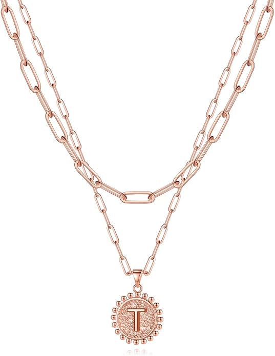 Yoosteel Valentines Gifts for Women Her - Gold Layered Initial Necklaces for Women 14K Gold Plated Dainty Layering Paperclip Link Chain Necklace Coin Initial Necklace Birthday Gifts for Teen Girls