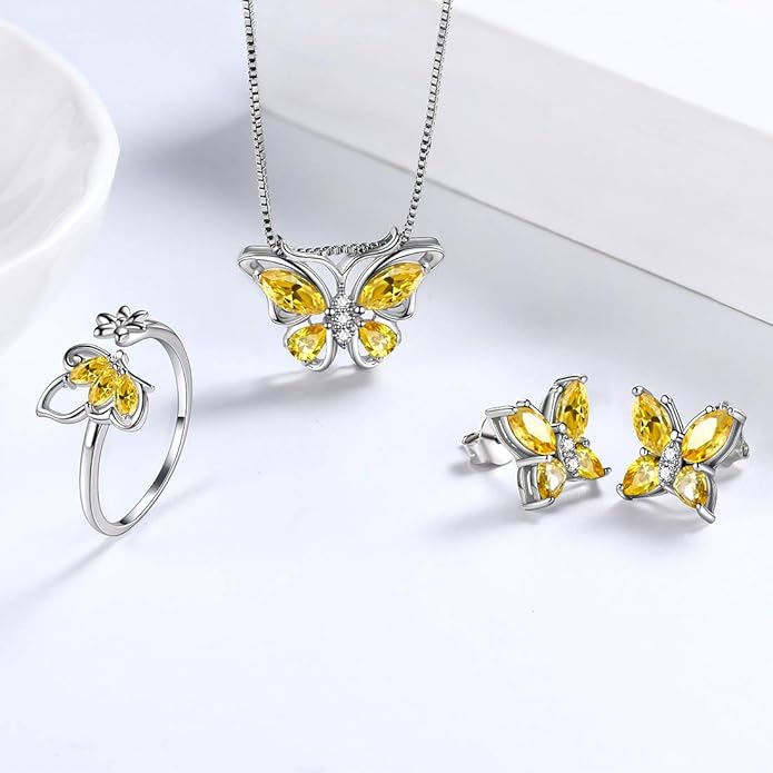 Aurora Tears Butterfly Jewelry,Women 925 Sterling Silver Butterflies Birthstone Pendant Necklace/Earrings/Rings Wedding Gift