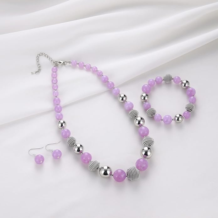 PEARL&CLUB Beaded Chunky Statement Necklace Earring and Bracelet Set Silver Metal Bead Fashion Jewelry Set Mothers’ Day Gifts for Women