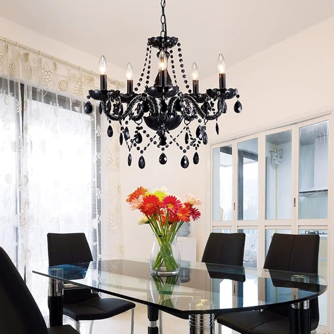 Saint Mossi Modern K9 Crystal Chandelier,Black Chandelier with 5 Lights E12 Base, Modern Pendant Ceiling Lighting Fixture for Dining Room,Bedroom,Living Room, D19 x H19 with Max 59" Adjustable Chain