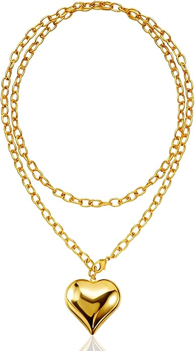 16k Gold Plated Chunky Statement Necklace for Women, Bold Thick Layered Puffy Heart Design, Long Gold Jewelry, Trendy Women's Fashion Necklace