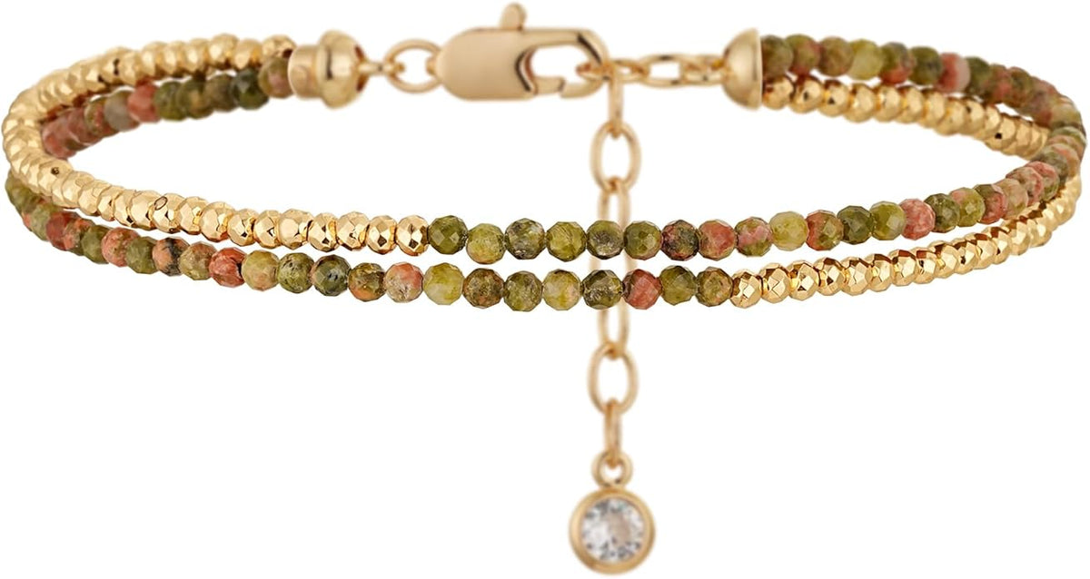 MYEARS Women Beaded Bracelet Gold Double Layer Gemstone 14K Simple Dainty Handmade Chain Everyday Boho Beach Jewelry