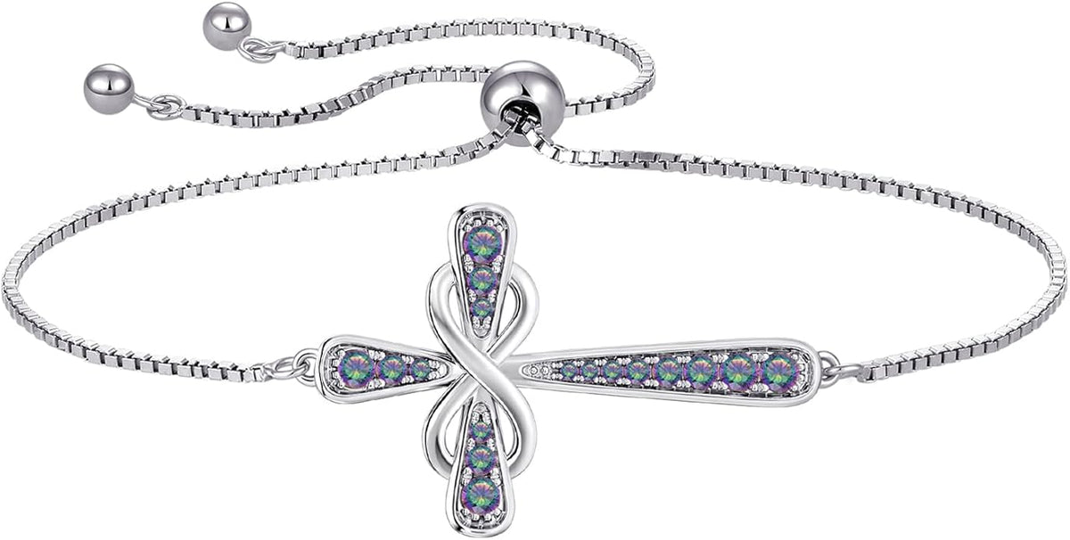 YL Cross Bracelet 925 Sterling Silver Infinity Sideways Link Bracelet Birthstone Jewelry for Women