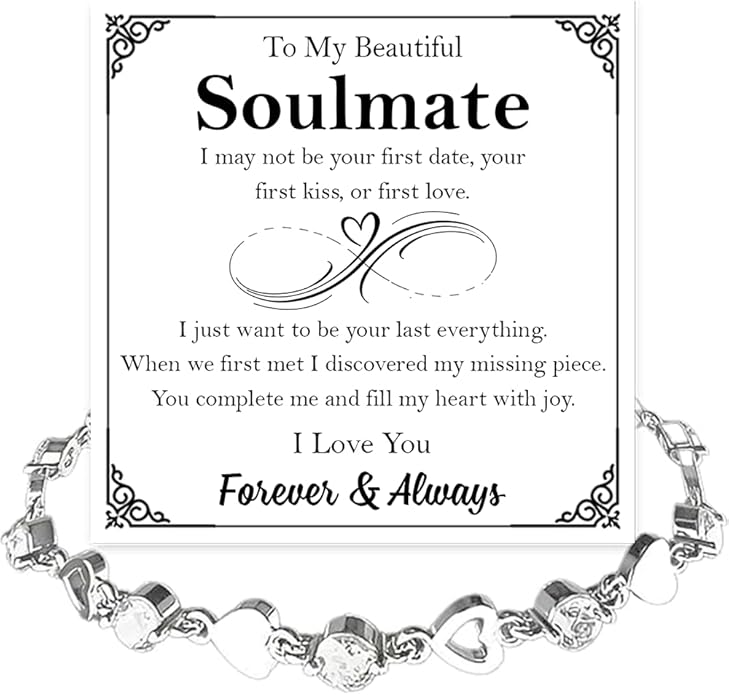 To My Soulmate Bracelet for Women, Heart Chain Bracelet with Shiny Stones, Perfect Birthday or Anniversary Christmas Gift for Soulmate with Message Card and Gift Box