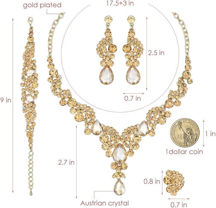 CSY Elegant Crystal Necklace Earrings Bracelet Ring Bridal Wedding Party Costume Jewelry Sets for Brides Women