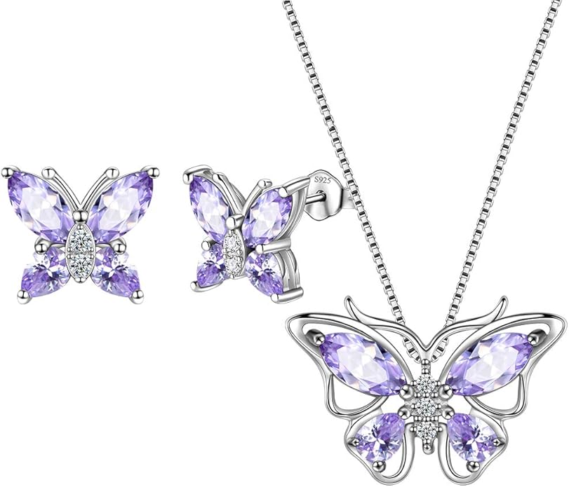 Aurora Tears Butterfly Jewelry,Women 925 Sterling Silver Butterflies Birthstone Pendant Necklace/Earrings/Rings Wedding Gift