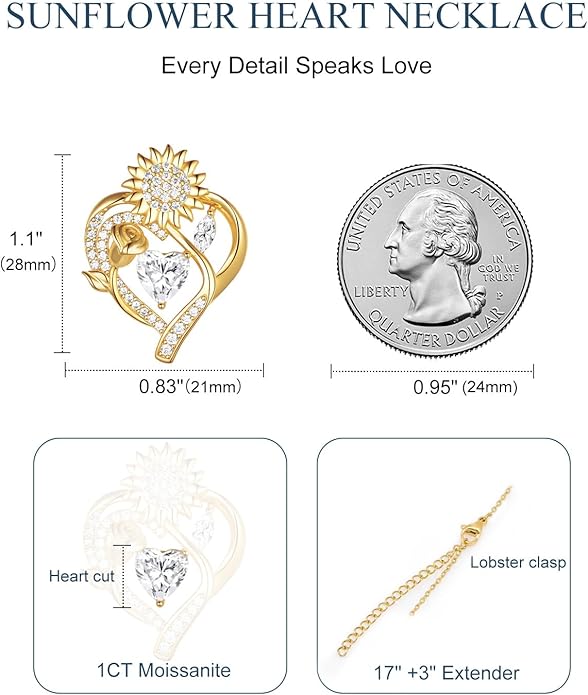 S925 Silver Moissanite Necklaces for Women, Anniversary Birthday Gifts for Wife Mom Her, Christmas Jewelry Gifts for Her, Moissanite Heart Pendant, Sunflower Heart Necklace