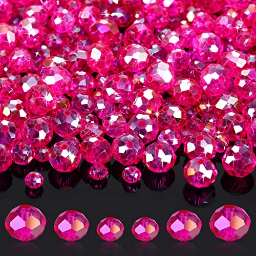 WILLBOND 600 Pcs Crystal Glass Beads for Jewelry Making Bulk Suncatcher Faceted Rondelle Loose Gemstone for Valentine's Day, Irish Holiday, Easter Bracelet DIY Crafts 8mm, 6mm, 4mm(Hot Pink) - color: Hot Pink