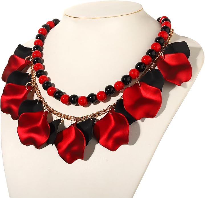 Flower Petal Necklace Earrings Set Layered Statement Beaded Jewelry Set for Women Summer Necklace Earrings
