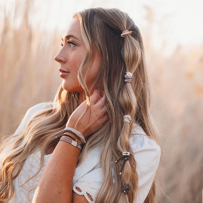 K'lani Faith Bracelets for Women – Elastic Bracelets and Boho Hair Ties – Cute Hair Ties for Women and Hair Tie Accessories – Stylish Bracelets Boho Style for Hair and Wrist – Set of 5 (Large)