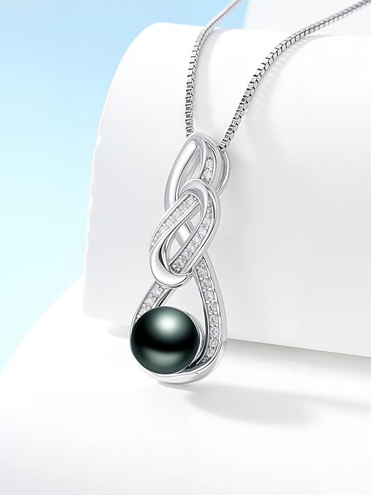Tahitian Black Pearl 18K White Gold Plated Sterling Silver Heart/Infinity/Four Leaf Clover Pendant Necklace Jewelry Gifts for Women Wife Mom Girlfriend Wedding Birthday Anniversary Christmas