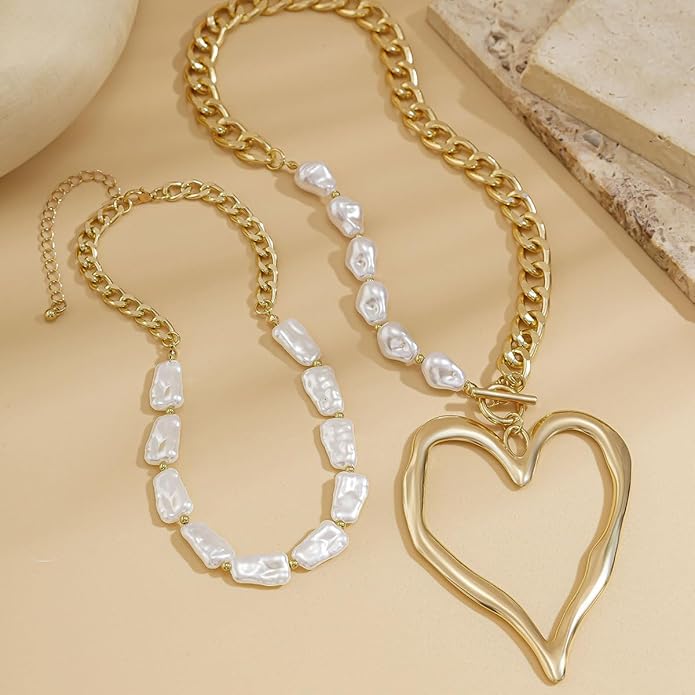 Chunky Gold Necklace Big Heart Necklace for Women Silver Large Statement Necklaces Thick Bold Chain Puffy Love Heart Charm Necklaces for Women with OT Toggle Silver Chunky Gold Jewelry Trendy Valentine's Day Gift