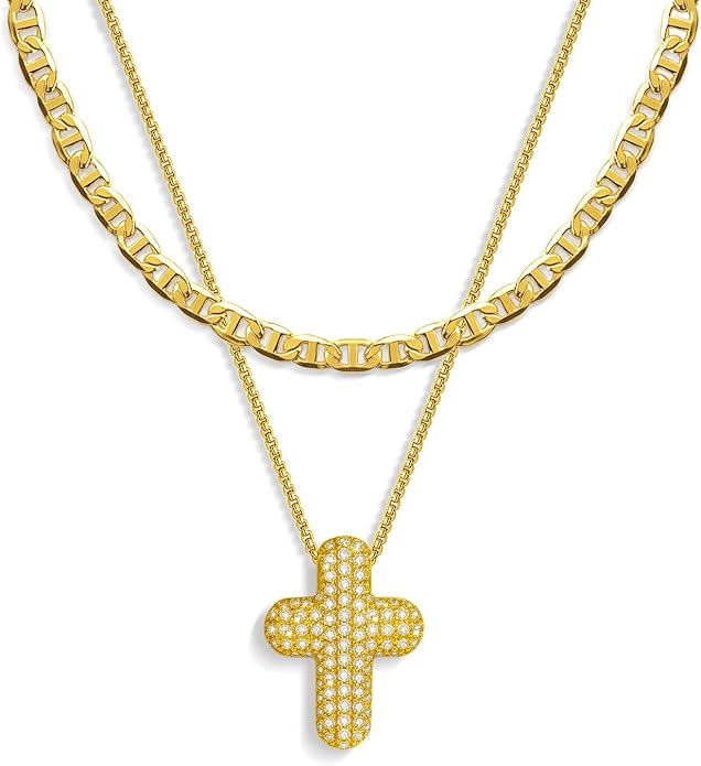 OGD Bubble Cross Necklace for Women 14k Gold Plated Cross Necklace Stackable Dainty Gold Necklace Mariner Chain Necklace CZ Cross Pendant Necklaces Set Simple Jewelry Gift