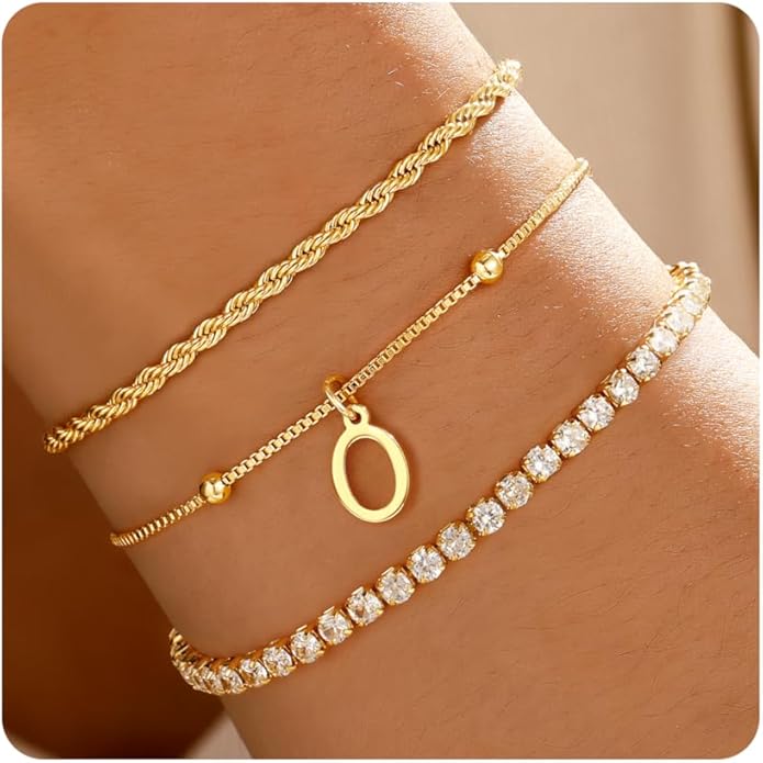 Valentines Day Gifts for Her Kids - Dainty Gold Bracelets for Women Personalized Gold/Silver Initial Bracelet Stack Stackable Rope Box Chain Tennis Bracelets for Girls Jewelry Set