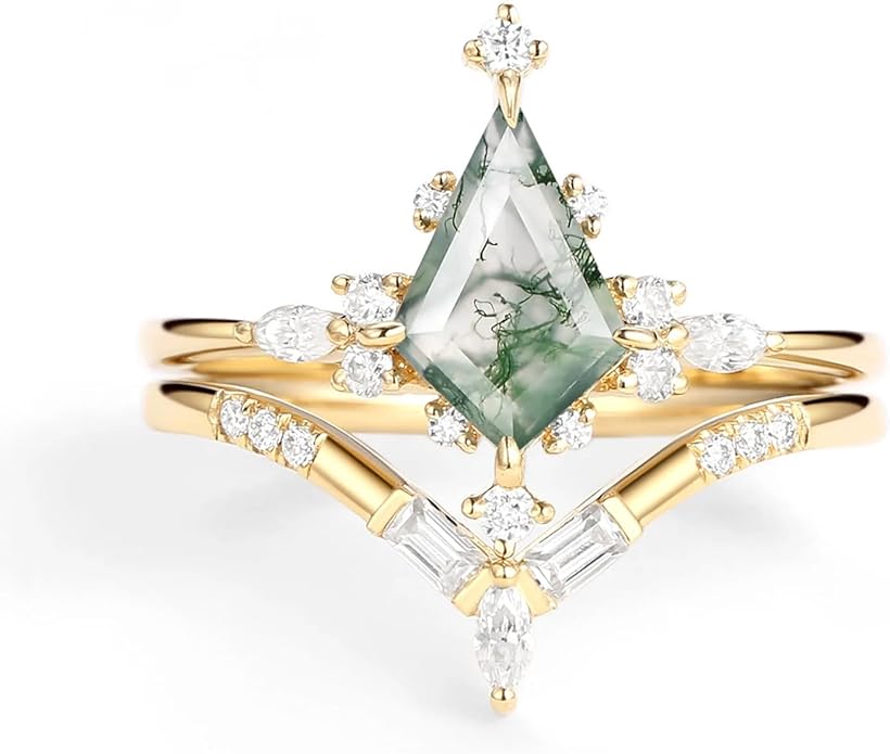 Natural Moss Agate Bridal Ring Set for Women 1CT Kite-cut Moss Agate Engagement Ring Set 925 Sterling Silver 10K 14K 18K Gold Classic Wedding Ring Set