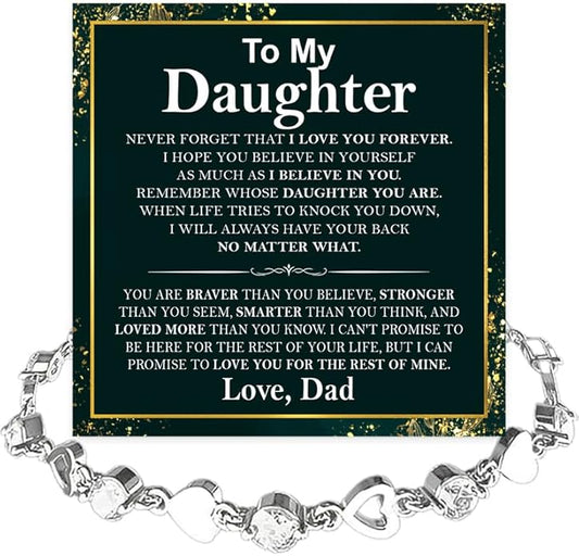 To My Daughter Bracelet, Silver Heart Chain Bracelet with Shiny Stones, Perfect Birthday or Graduation Christmas Gift for Daughter with Message Card Gift Box