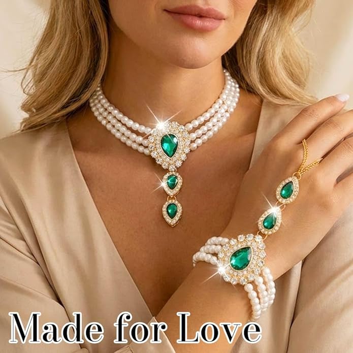 Brishow Pearl Choker Necklaces Set Green Crystal Bridal Jewelry Sets for Wedding Layered Pearl Costume Jewelry Bracelets Set for Women