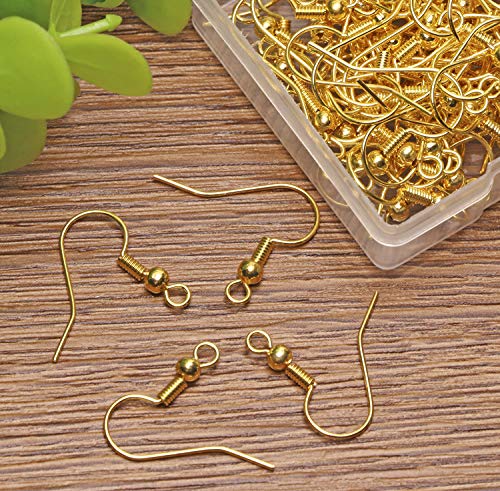 Shapenty Surgical Brass Ball Coil Fish Earring Hooks Clasp Hypo-allergenic Ear Wire Bead Connector Hooks with Large Loop for DIY Jewelry Finding Making, 100PCS/50Pairs (Gold) - color: Gold
