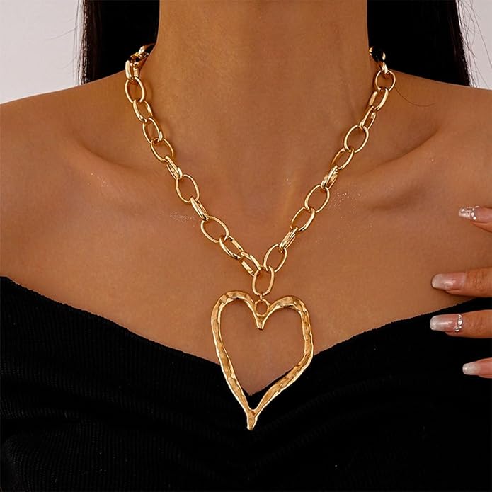 Chunky Gold Necklace Big Heart Necklace for Women Silver Large Statement Necklaces Thick Bold Chain Puffy Love Heart Charm Necklaces for Women with OT Toggle Silver Chunky Gold Jewelry Trendy Valentine's Day Gift