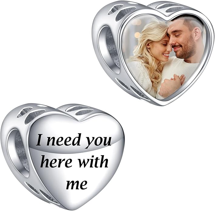 Annmors Personalized Photo Charms For Bracelets/Necklace 925 Sterling Silver Love Heart Shaped Engraved Customize Picture Gift for Birthday Mother's Day,Bead Charms Jewelry for Women