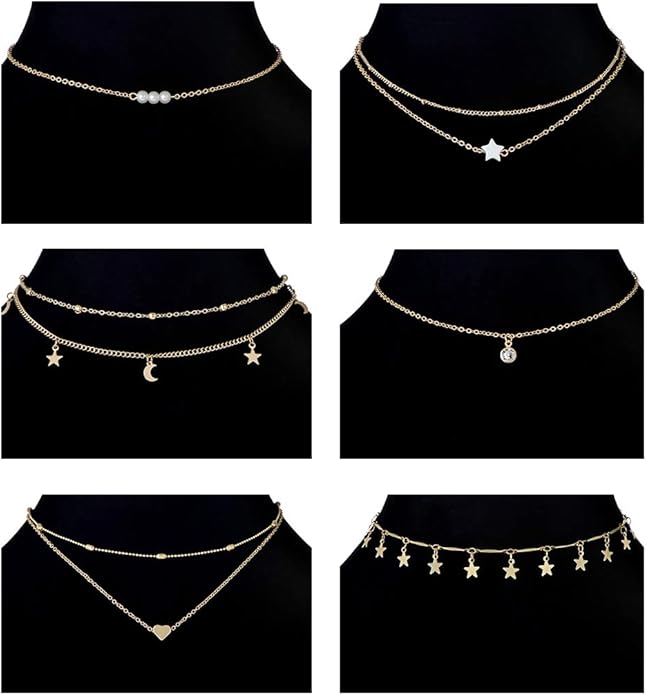 12pcs Chain Gold Bead Necklace Coin Moon Star Pearl Pendant Chain Choker Multilayer Necklace Leather Cord Set for Women Men Adjustable Gold Tone