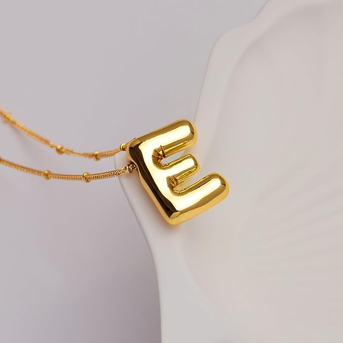 Inerney Valentines Day Gifts Gold Bubble Letter Necklace Initial Necklaces for Women, Chunky 14K Plated Balloon Initials, Trendy Charm Non Tarnish Custom Name Pendant Jewelry Gifts for Mom