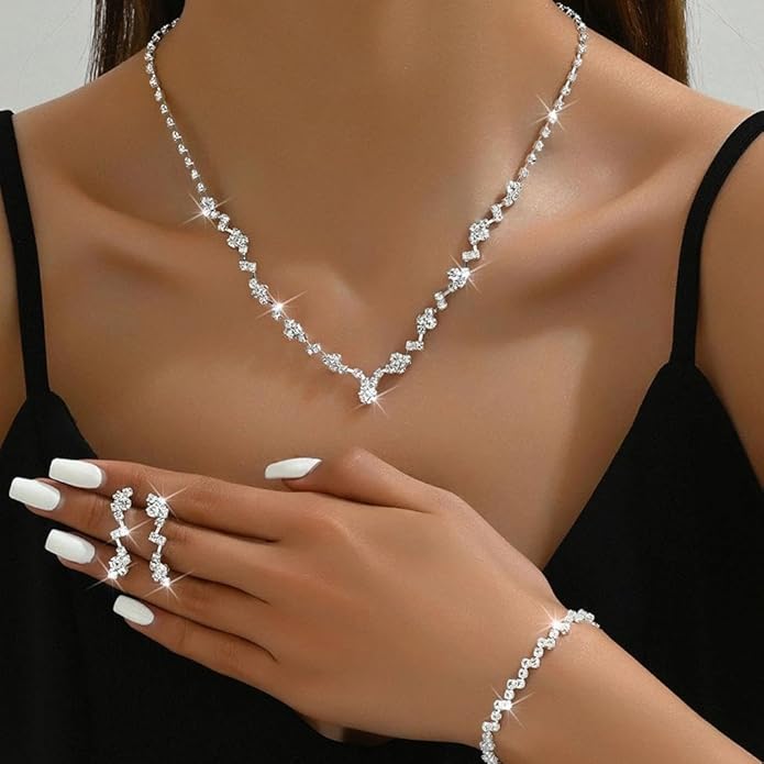 Bling Silver Jewelry Set for Women Trendy Wedding Jewelry Sets for Brides Sparkly Cubic Zirconia Necklace Earring Sets for Women Prom Accessories