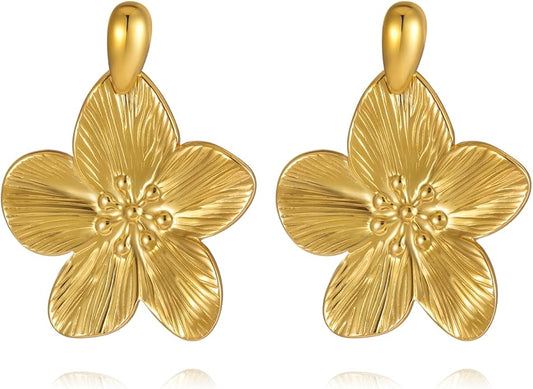 Gold Flower Statement Earrings for Women, Large Chunky Bohomian Summer Beach Floral Earring, Irregular Bold Exaggerated Earrings