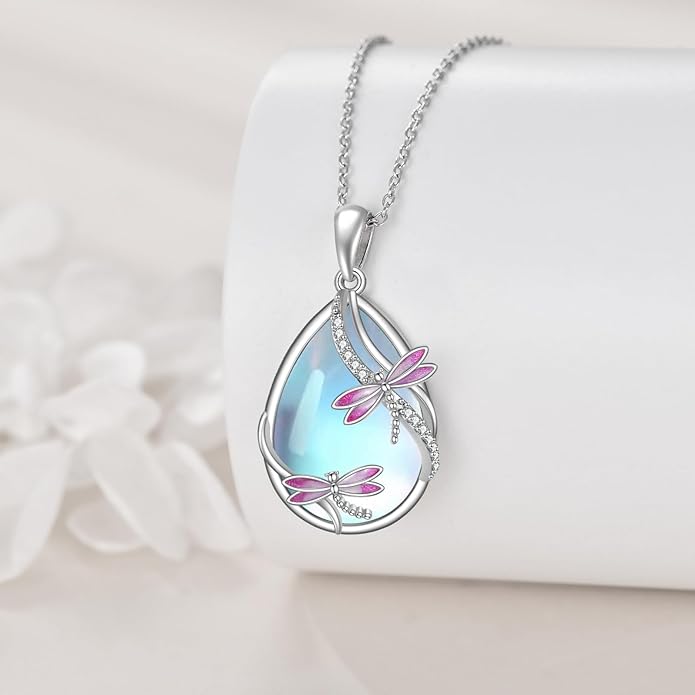 KQF Dragonfly/Butterlfy/Cat/Jellyfish/Bunny/Axolotl/Bee/Mermaid/Hummingbird/Elephant Necklace for Women Sterling Silver Moonstone Pendant Necklace Dragonfly Jewelry Gifts for Women