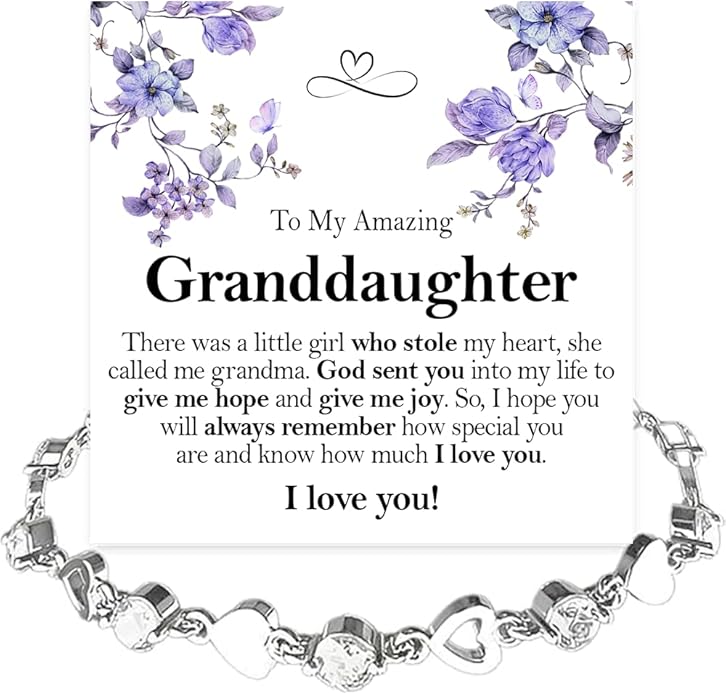 To My Granddaughter Bracelet from Grandma and Grandpa, Heart Chain Bracelet with Shiny Stones, Perfect Birthday or Graduation Christmas Gift for Granddaughter with Message Card and Gift Box